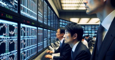 Prikaz trgovaca na berzi u Tokiju koji prate rast dioničkog indeksa na elektronskim ekranima.