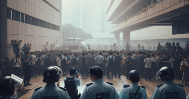 Policajci i podržavaoci okupljeni ispred suda u Hong Kongu tokom izricanja presude Jimmyju Laiju.