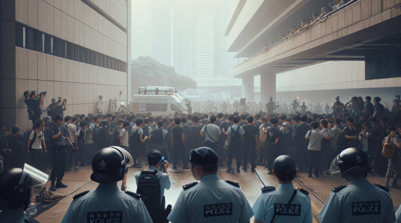 Policajci i podržavaoci okupljeni ispred suda u Hong Kongu tokom izricanja presude Jimmyju Laiju.