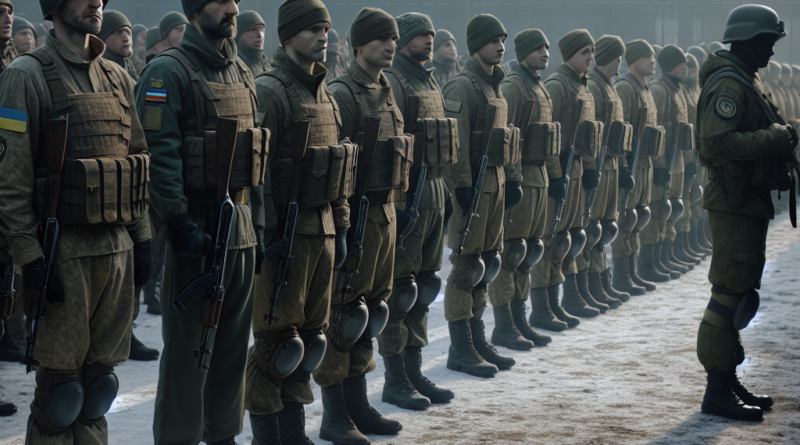 Ukrajinski i ruski vojnici stoje u linijama na neutralnom području tokom razmjene zarobljenika, pod nadzorom međunarodnih posmatrača.