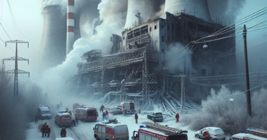 Oštećena elektrana u Ukrajini okružena dimom i hitnim službama tokom zimskih uslova.