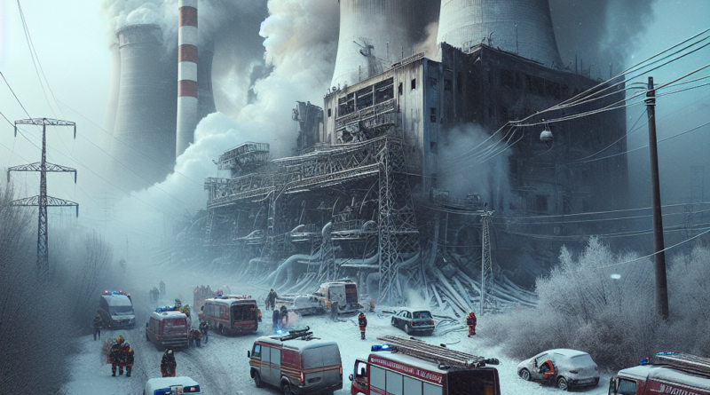 Oštećena elektrana u Ukrajini okružena dimom i hitnim službama tokom zimskih uslova.