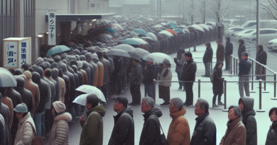 Glasači stoje u redu ispred izborne jedinice u Tokiju tokom snježnog zimskog jutra.