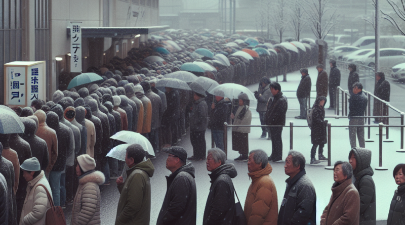 Glasači stoje u redu ispred izborne jedinice u Tokiju tokom snježnog zimskog jutra.